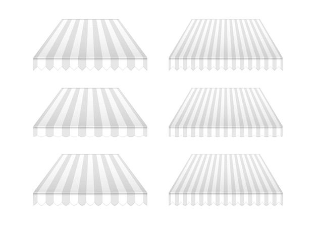 Striped awning set mockup Outdoor canopy with wavy and triangular edge Tent roof for building facade