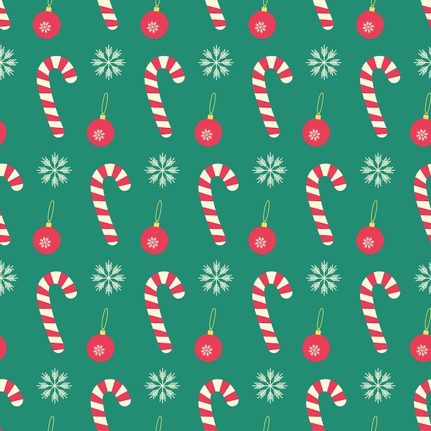 Vector striped candy canes snowflakes and christmas tree toys seamless pattern in trendy new year shades