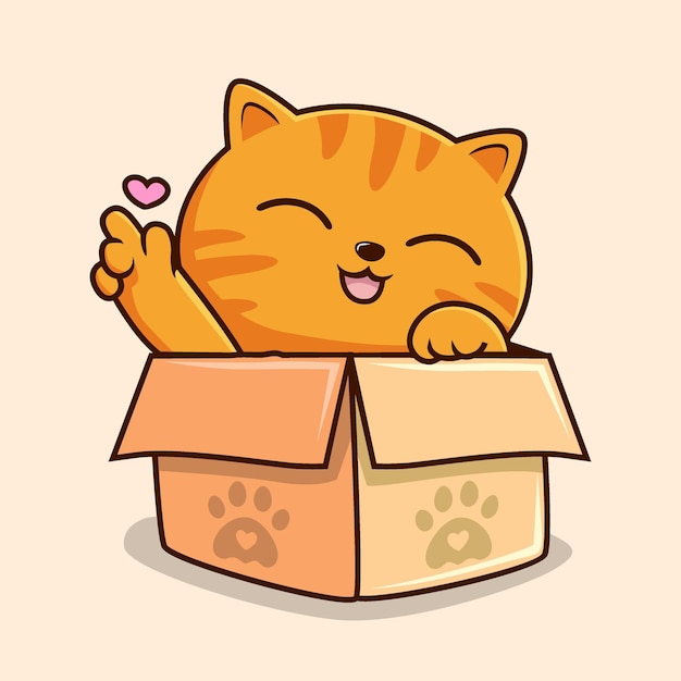 Striped Orange Cat in Box Cartoon Love Hand Cute Orange Tabby Pussy Cat Vector