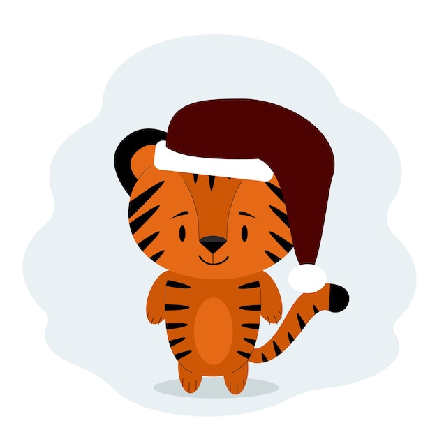 The striped tiger is the symbol of 2022 in the red santa hat. Postcard for New Years celebration