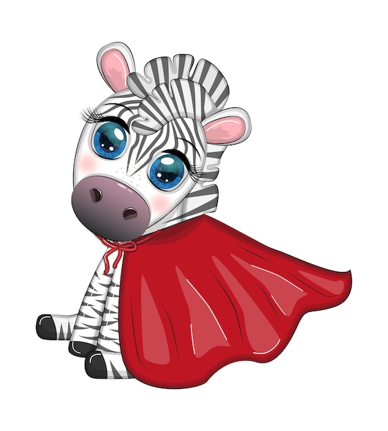 Striped zebra in a red coat super hero child character