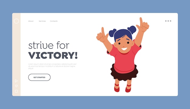 Strive for Victory Landing Page Template Happy Baby Girl Looking Up and Pointing on Sky Cheerful Child Character