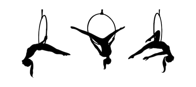 Strong acrobat in the hoop Set of woman silhouettes in the aerial ring Vector illustration