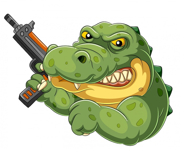 Strong and angry cartoon crocodile holding an gun