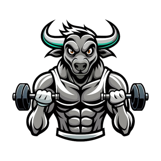 Strong bull training with dumbbells Vector bull for mascot silhouette against white background