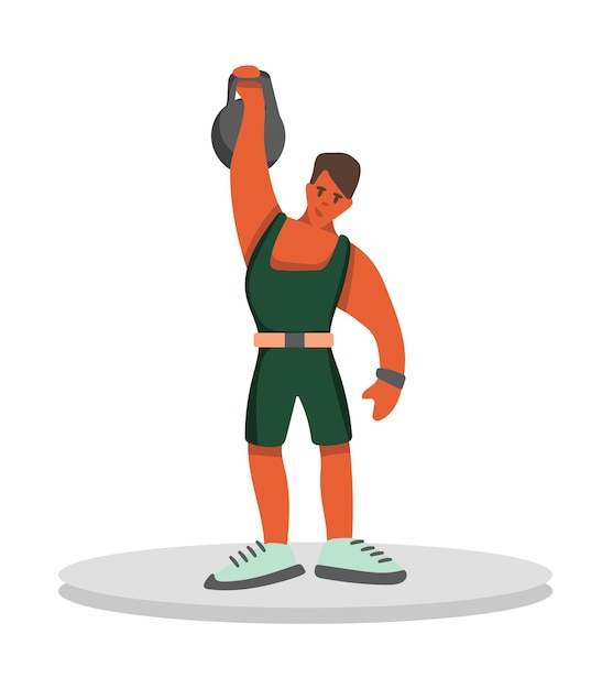 Strong cartoon male bodybuilder lifts dumbbell in gym Time for javelin throw Process of doing sports exercises Active and healthy lifestyle Vector