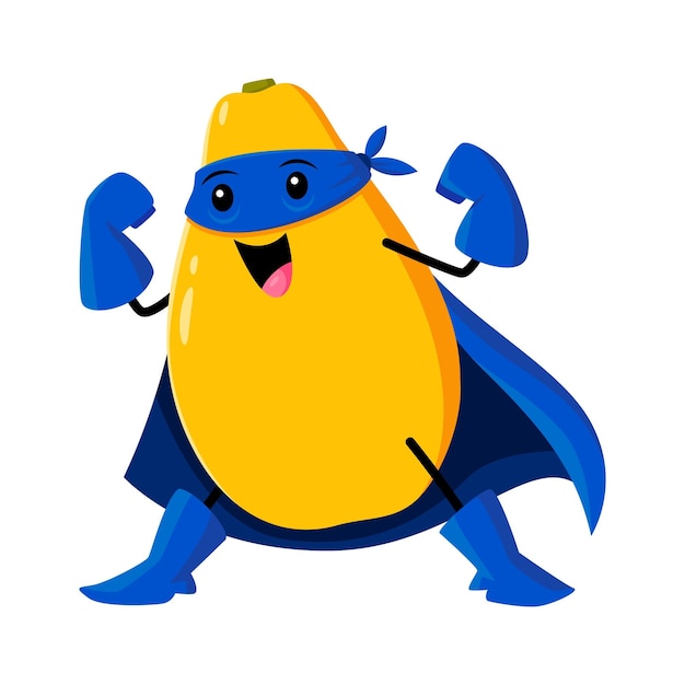 Strong cartoon mango fruit superhero character flexing muscles displaying power and bravery Isolated vector tropical fruity personage in blue mask and cape ready to defend city and fight the villain