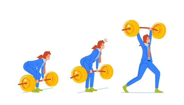 Strong Female Business Character Confidently Lifting Heavy Barbell With Golden Coins Showcasing Financial Prowess