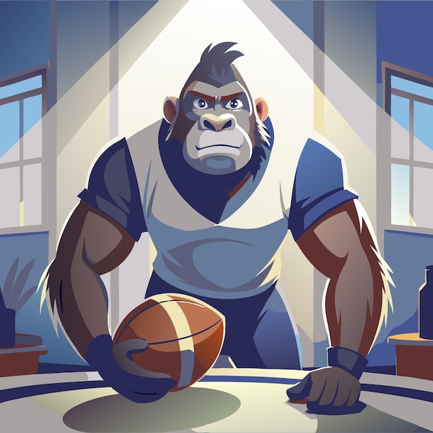 A strong gorilla in a football uniform stands with a football in his hand