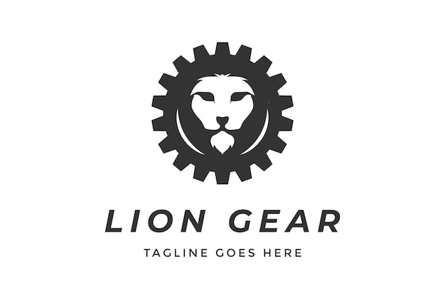 Vector strong lion head face with gear cog machine for industrial logo design