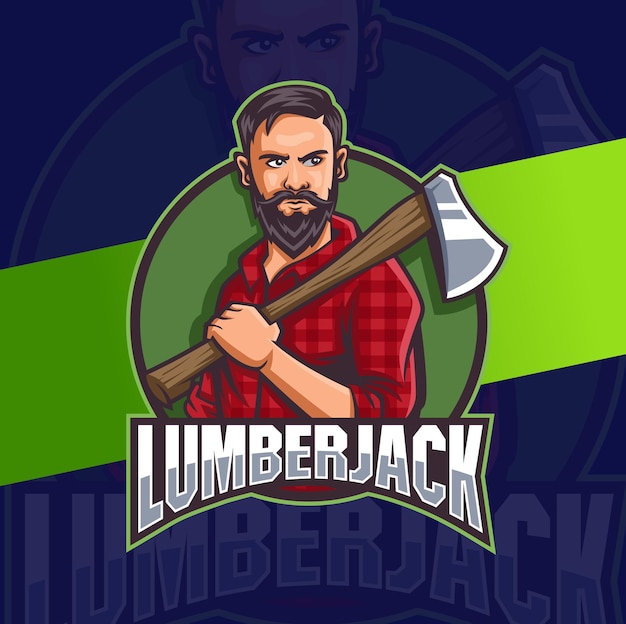 Strong lumberjack man character mascot logo designs with axe for man and game logo design