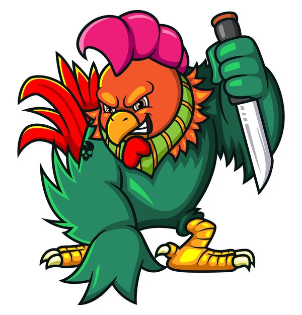 Vector the strong rooster holding knife