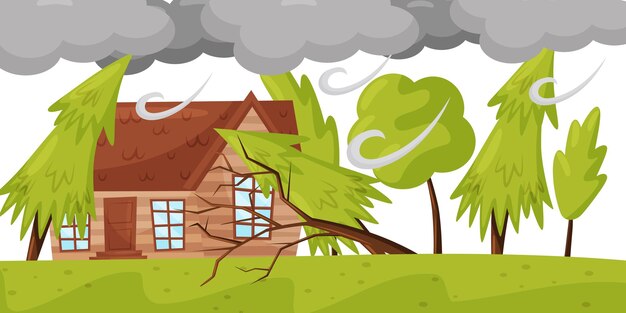 Vector strong wind breaks trees scene with living house and huge gray clouds destructive natural disaster emergency situation windstorm theme colorful illustration in flat style cartoon vector design