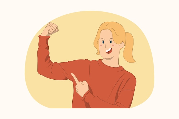 Strong young woman pointing index finger on biceps muscles concept