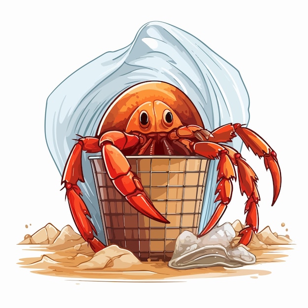 Vector struggling hermit crab in net and plastic cup illustration