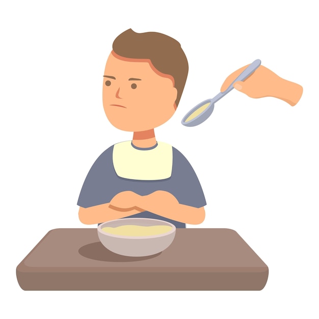 Vector stubborn kid refusing to eat sitting at table with bowl and spoon