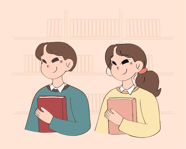 Student boy and girl holding book education concept hand drawn style illustration