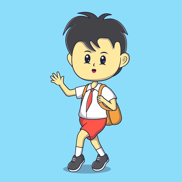 Student boy waving hand cartoon illustration