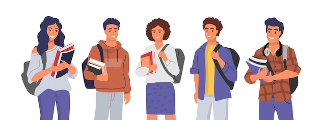 Student character vector. People with books and backpacks.