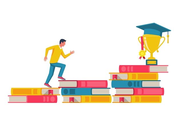 Student climbs the steps of books to the top with a cup and a graduate cap