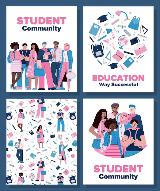 Student community and education supplies poster set with cartoon people