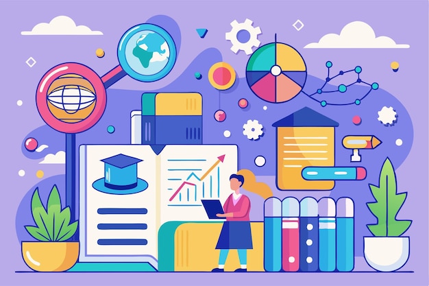 A student engages with illustrations highlighting academic tools charts and research elements Customizable flat illustrations for your thesis