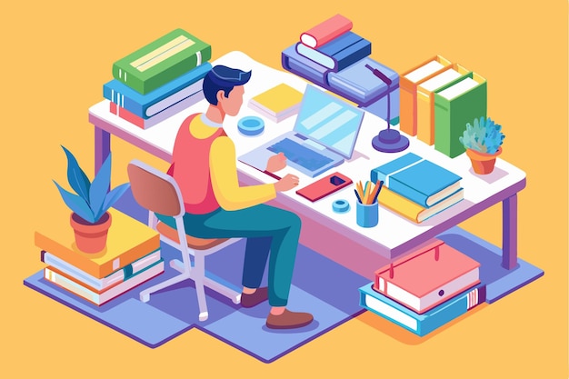 Vector a student focuses on studying at a desk cluttered with books and stationery while a plant adds life studying customizable isometric illustration