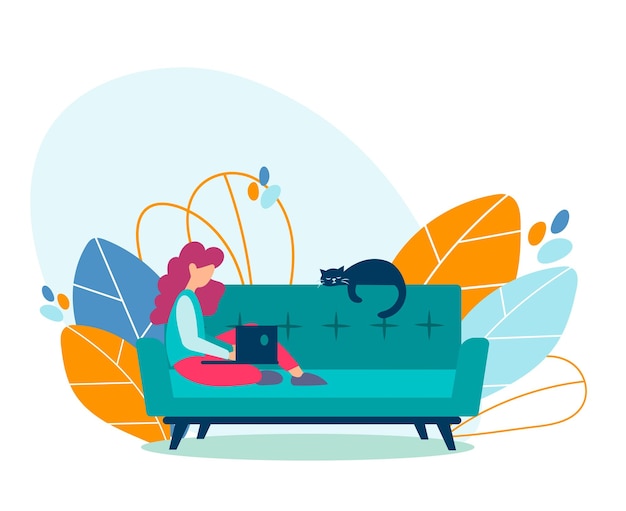 Vector student girl freelancer studying working on a laptop at home sitting on the couch with her cat