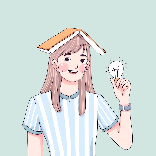 Student girl holding lightbulb cartoon .