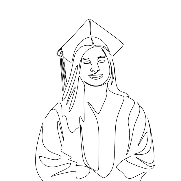 Student girl with graduation cup one line continuous illustration Line art graduation education