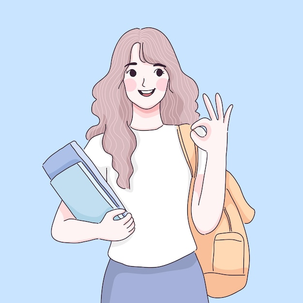 Student girl with ok hand gesture cartoon illustration.