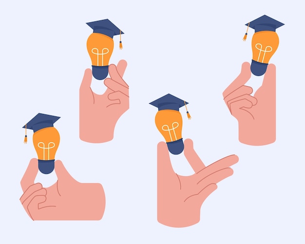 Student hands holding light bulb with graduation