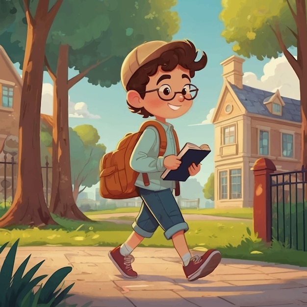 A student is holding a book and walking to school