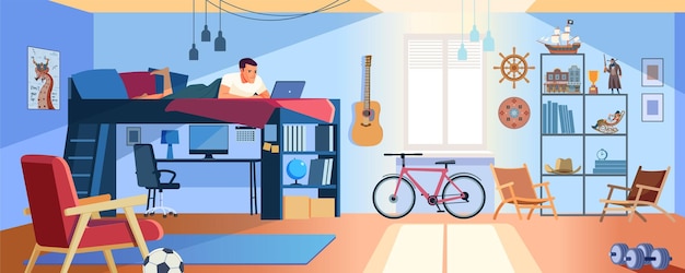 Student Learning Online at Home Young Teen lying at bunk bed Looking at Laptop and Studying Dormitory room interior Online Education Concept Stay at home Cartoon style Vector Illustration