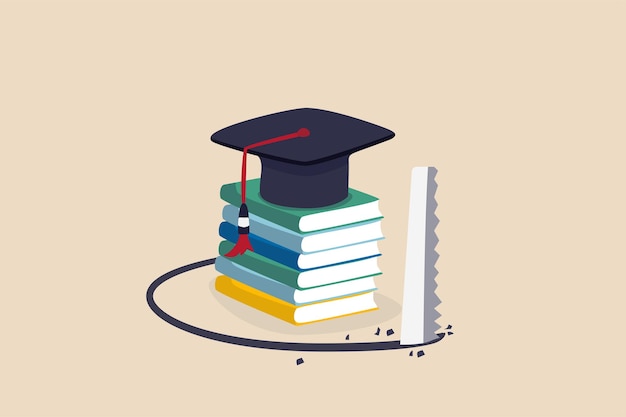 Student loan pitfall, knowledge cost and expense or big debt to pay off for education, high degree ego concept, graduation hat mortar board on book stack being saw to fall down.