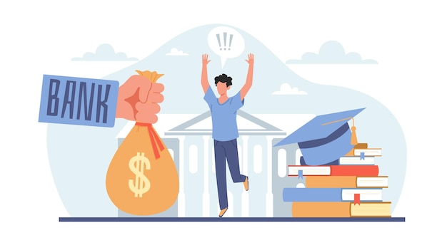 Vector student loans investment in knowledge young person gets money for college or university happy man with money from bank money in education cartoon flat illustration vector finance concept