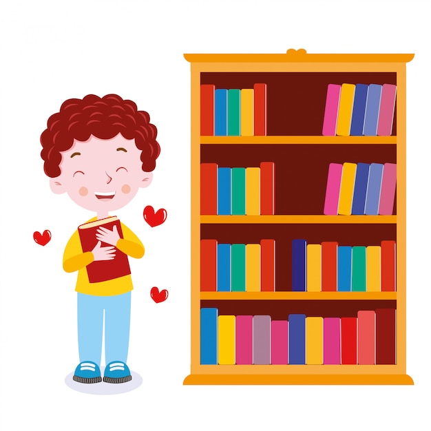 Student love book near the bookshelf classroom vector illustration