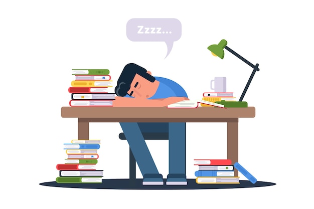 Vector student preparing for exams  illustration. tired exhausted pupil cramming character.