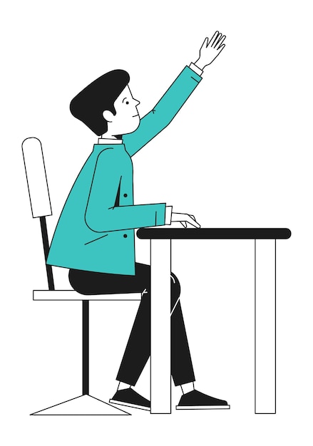 Student raising hand. Boy sitting at class table. Vector illustration