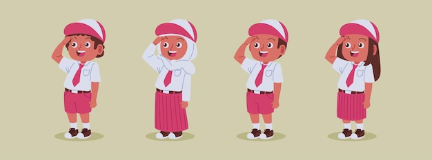 Student's Celebrating Happy Independence Day Indonesia recpect pose flat design character