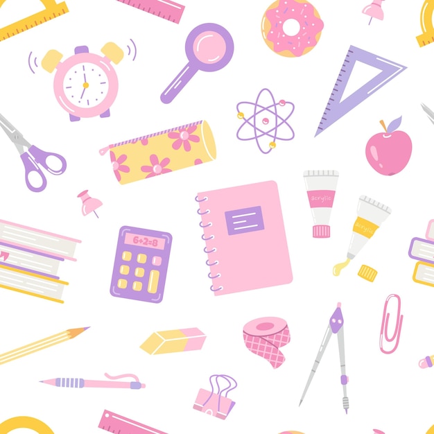 Student's school items vector seamless pattern on white background back to school