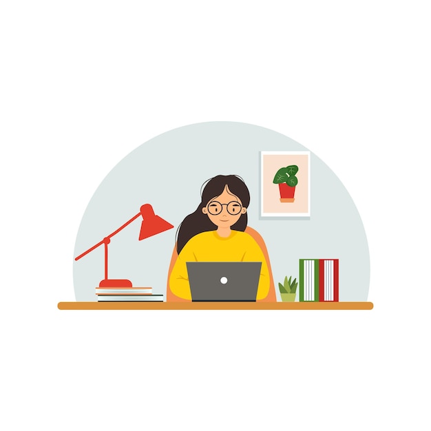 Student sitting at the desk learning with computer Illustration in flat style online learning