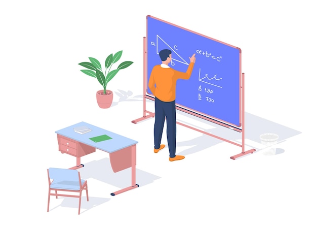 Vector student solves math objective near blackboard. modern training with possibility online consultations. school desk with books and notebooks. creative approach self study. vector realistic isometry