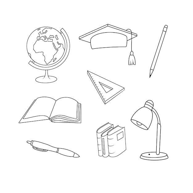 Student stationery set in doodle style. Back to School Collection. Black and white vector objects