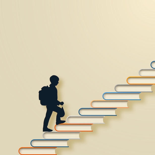 A student with a briefcase and bag climbs the stairs from books to new knowledge