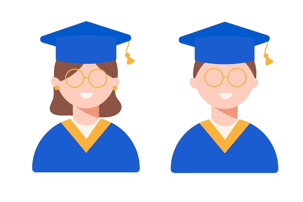 A student with glasses in a blue gown smiles on graduation day Man and woman in flat style Vector illustration