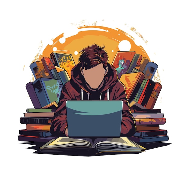 Student with laptop education or studying concept vector illustration A young boy studying on a la