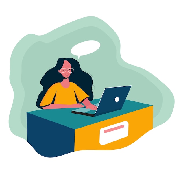 Student young Girl working with laptop on table minimal flat illustration