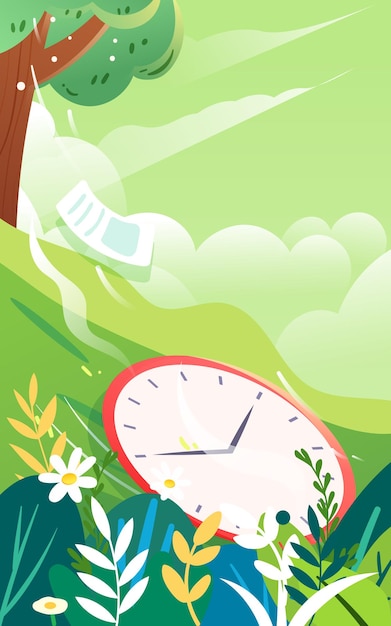 Students are preparing for exams with a clock and plants in the background vector illustration