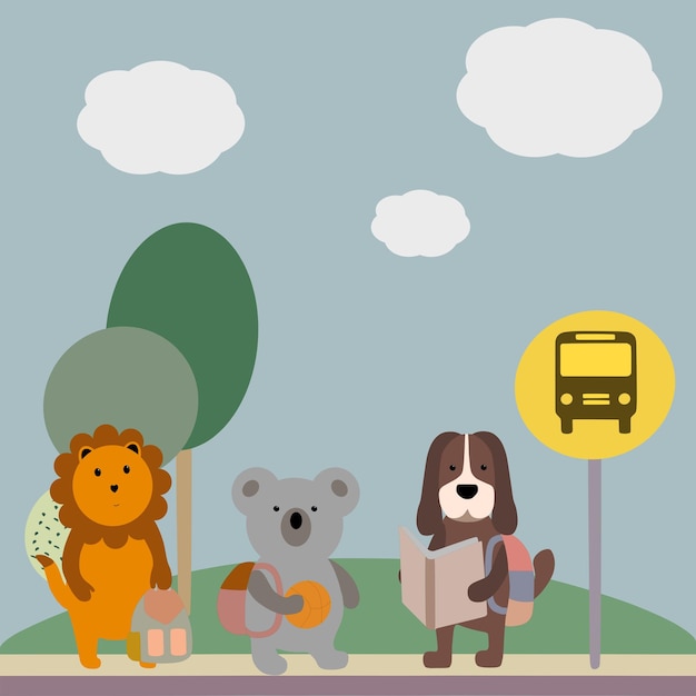 Students are waiting for the bus.A lion, a koala and a dog study at school.Bus stop for school